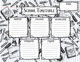 Vector template school timetable. Hand drawn background with school supplies.
