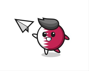 Obraz premium qatar flag badge cartoon character throwing paper airplane