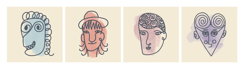 One line drawing abstract face. Modern continuous line art man and woman portrait, minimalist contour. Great for home decor such as posters, wall art, tote bag, t-shirt print, mobile case.