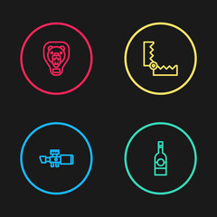 Set line Sniper optical sight, Bottle of vodka, Trap hunting and Bear head on shield icon. Vector