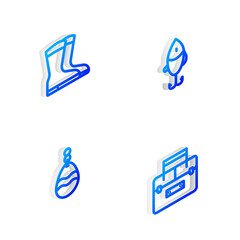 Set Isometric line Fishing lure, boots, spoon and Case container for wobbler icon. Vector
