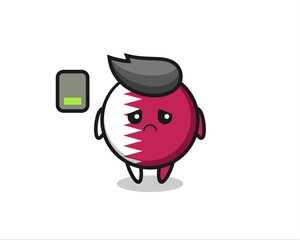 qatar flag badge mascot character doing a tired gesture