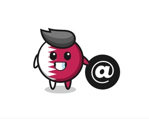 Cartoon Illustration of qatar flag badge standing beside the At symbol