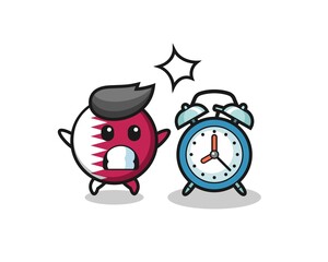 Cartoon Illustration of qatar flag badge is surprised with a giant alarm clock