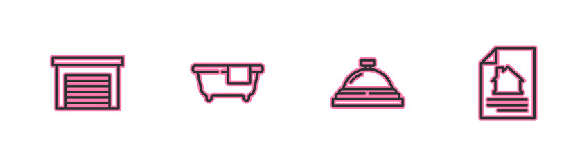 Set line Garage, Hotel service bell, Bathtub and House contract icon. Vector