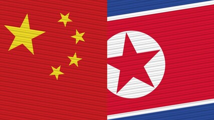 North Korea and China Flags Together Fabric Texture Illustration Background