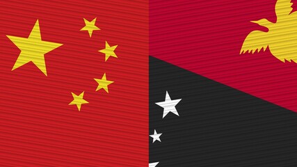 Papua New Guinea and China Flags Together Fabric Texture Illustration Background