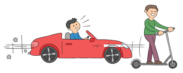 Cartoon open top luxury car and electric scooter that goes faster, vector illustration