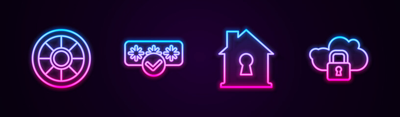 Set line Safe, Password protection, House under and Cloud computing lock. Glowing neon icon. Vector