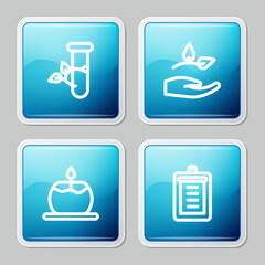 Set line Laboratory glass and leaves, Leaf in hand, Aroma candle and Clipboard with checklist icon. Vector