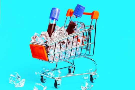 Test tubes with blood on ice in a grocery basket. Coronavirus test. COVID-19. - Powered by Adobe