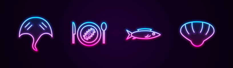 Set line Stingray, Served cucumber on plate, Fish and Scallop sea shell. Glowing neon icon. Vector