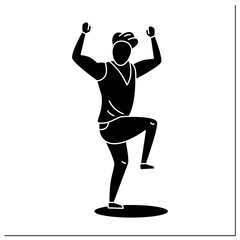  Person pose glyph icon. Man raised fist and one left leg up. Dancing. Satisfied. Looking directly.People poses concept. Filled flat sign. Isolated silhouette vector illustration