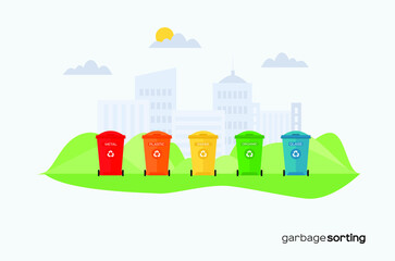 Naklejka premium Trash bins for sorting waste in a city park. containers for sorting metal, plastic, paper, glass and organic waste. Sorting garbage. illustration in flat style with ecological concept