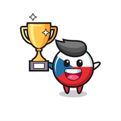 Cartoon Illustration of czech flag badge is happy holding up the golden trophy