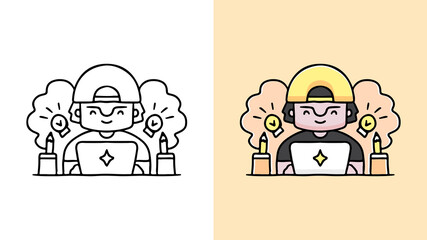 trendy young boy playing a laptop cartoon, illustration for sticker or t shirt.