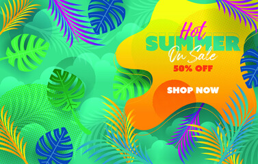 Fototapeta na wymiar special offer banner background of summer sale for discount marketing concept, palm leaf tree tropical