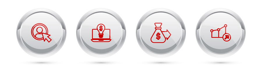 Set line Create account screen, Light bulb with dollar on laptop, Money bag and Financial growth. Silver circle button. Vector