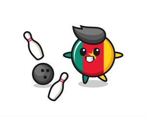 Character cartoon of cameroon flag badge is playing bowling