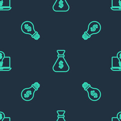 Set line Money bag, Light bulb with dollar and laptop on seamless pattern. Vector