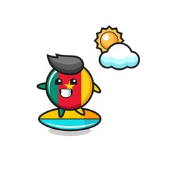 Illustration of cameroon flag badge cartoon do surfing on the beach