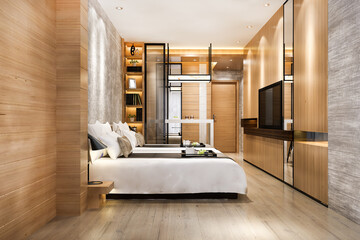 3d rendering luxury bedroom suite in resort  hotel with twin bed