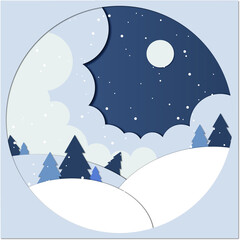 Winter night with snowdrifts, moon, snow, trees in the style of PAPER CUTOUT effect.