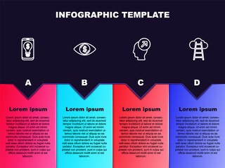 Set line Light bulb with dollar on mobile, Eye, Head hunting concept and Stair finish flag. Business infographic template. Vector