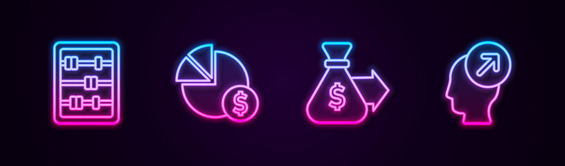 Set line Abacus, Pie chart and dollar, Money bag and Head hunting concept. Glowing neon icon. Vector