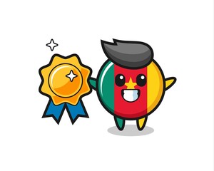 cameroon flag badge mascot illustration holding a golden badge