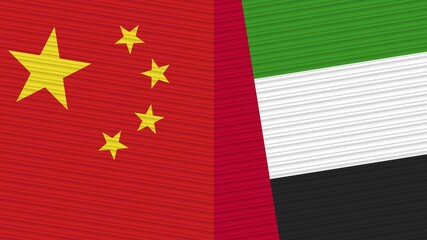 United Arap Emirates and China Flags Together Fabric Texture Illustration Background