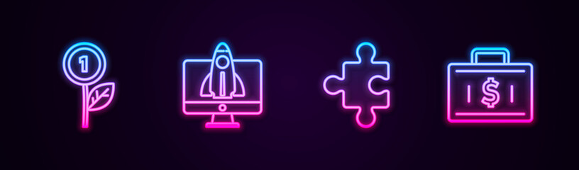 Set line Dollar plant, Startup project concept, Piece of puzzle and Briefcase and money. Glowing neon icon. Vector