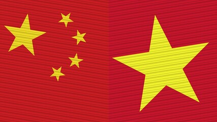 Vietnam and China Flags Together Fabric Texture Illustration Background