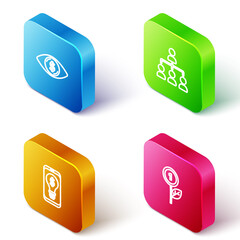 Set Isometric line Eye with dollar, Hierarchy organogram chart, Light bulb on mobile and Dollar plant icon. Vector