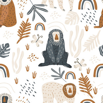 Seamless pattern with cute exotic monkey animals on a white background. Vector illustration for printing on fabric, packaging paper, clothing. Cute children's background