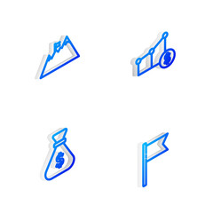 Set Isometric line Pie chart and dollar, Mountains with flag, Money bag and Location marker icon. Vector