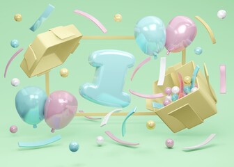 3d Rendering concept of happy birthday party. Number 1 birthday explode from gift box with balloons and confetti on green background. 3D Render. 3D illustration. Minimal design template.