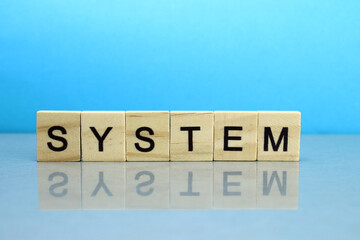 System word made of wooden blocks on a blue background