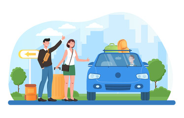 Young male and female characters are hitchhiking with baggage. Young tourists are catching ride, hitchhiker with backpacks stops his car. Holidays adventure, tourism. Flat cartoon vector illustration