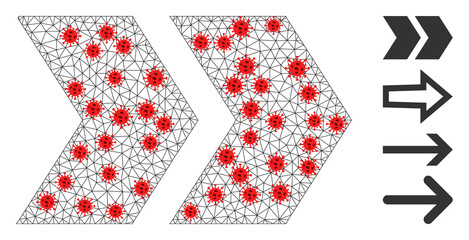 Obraz premium Network shift right using outbreak style. Mesh carcass shift right image in lowpoly style with connected linear items and red coronavirus items.