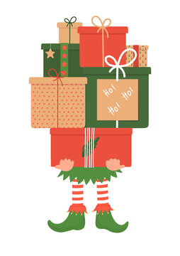 Cute Christmas Elf Holding Stack Of Christmas Gifts. Xmas, New Year Greeting Vector Illustration Isolated On White Background.