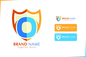 Alphabet Letter O logo with protection shield in blue and orange colour for security business