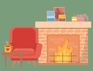 Living room with fireplace and red chear. Classic style furniture and burning fireplace vector illustration.