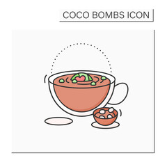 Coco bomb color icon. Delicious dessert. Cute ball of chocolate with marshmallows filling inside. Melted inside the cup. Chocolate sweet.Isolated vector illustration