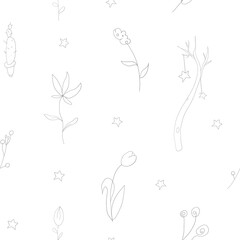 Seamless romantic vector pattern, Simple line flowers among stars, outlines. Dark Grey lines on white background. Card, Textile design, invitation.