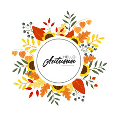 Fototapeta na wymiar font Hello Autumn in a round frame with autumn leaves, berries, sunflowers and acorns. Greeting card with autumn wreath in vector.