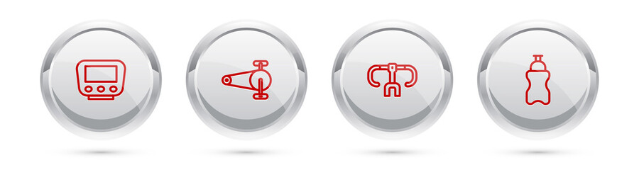 Set line Bicycle speedometer, chain with gear, handlebar and Sport bottle water. Silver circle button. Vector