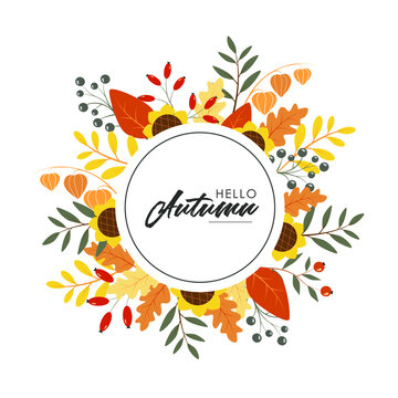 font Hello Autumn in a round frame with autumn leaves, berries, sunflowers and acorns. Greeting card with autumn wreath in vector.