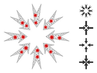 Polygonal pressure arrows with infection style. Polygonal carcass pressure arrows image in lowpoly style with connected lines and red covid elements.