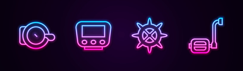 Set line Bicycle bell, speedometer, sprocket crank and pedal. Glowing neon icon. Vector